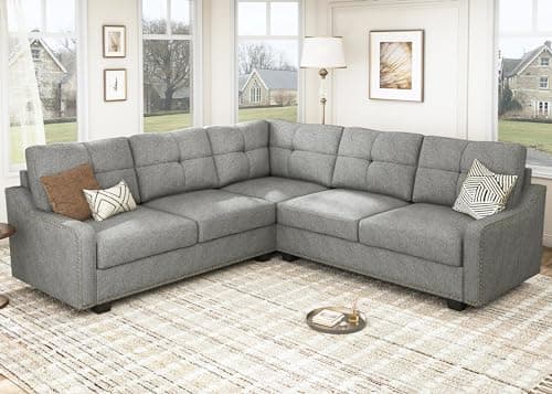 HONBAY Convertible Sectional Sofa L Shaped Couch for Small Apartment Reversible Sectional Couch for Living Room,Light Grey