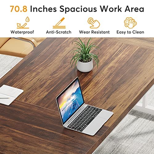 Tribesigns 70.8-Inch Executive Desk, Large Computer Office Desk Workstation, Modern Simple Style Laptop Desk Study Writing Table Business Furniture for Home Office (Brown/White, 70.8 Inch) 6