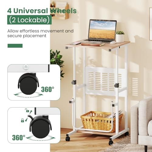 Tangkula Adjustable Standing Desk, Mobile Rolling Computer Desk with Storage Shelf, Portable Laptop Table with Footrest, Mesh Panel, Lockable Wheels, Sit Stand Workstation for Home Office 7