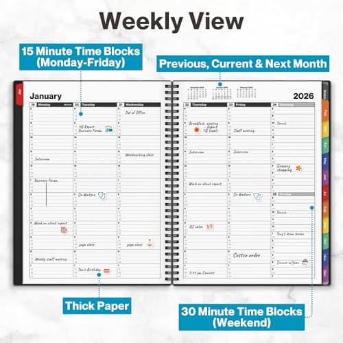 Dunwell 2026 Daily Planner, 8.5x11 Appointment Book with 15-Minute Schedule, Colorful Tabs, Lay-Flat Design, Thick No-Bleed Pages 6