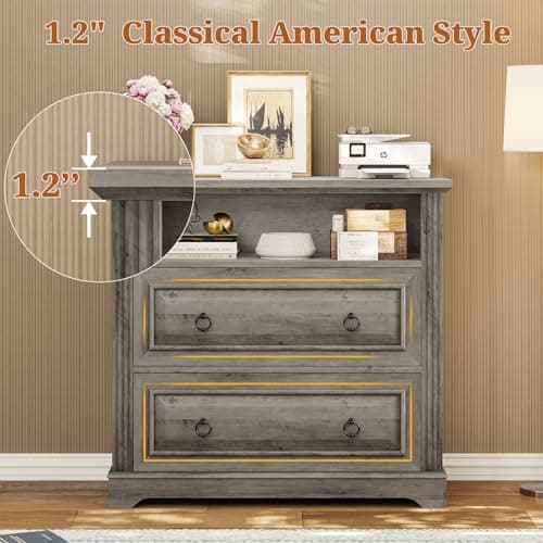 Itaar 2 Drawer File Cabinet, Farmhouse Filing Cabinet for Home Office Fits Letter, Legal, A4 Size, Wood Lateral File Cabinet with Printer Stand, Storage Shelf, Grey 6