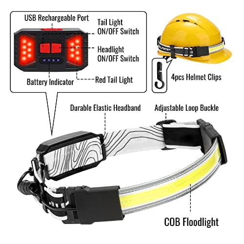 Adelante LED Headlamp Flashlight, 1000LM 230Wide-Beam USB Rechargeable Head Light with Taillight(Individual Control) & 8 Clips Waterproof Headlight Headlamps for Running and Camping (2 Pack, Black) 2