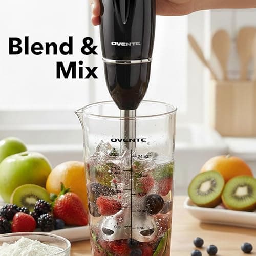 OVENTE Immersion Hand Blender Set, 300W Corded Electric Handheld Stick Mixer, 2 Mixing Speeds with Stainless Steel Blades, Egg Whisk, Beaker & BPA-Free Food Chopper, Black HS565B 8