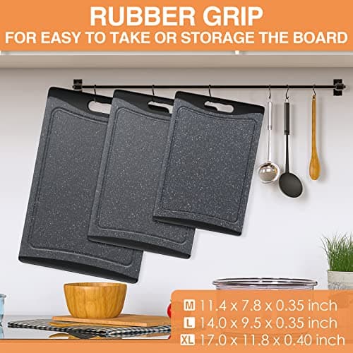Extra Large Cutting Boards, Plastic Cutting Boards for Kitchen (Set of 3) Cutting Board Set Dishwasher Chopping Board with Juice Grooves Easy-Grip Handles, Dark Grey, Empune 4