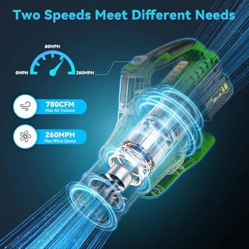 Leaf Blower Cordless with 2 x 4.0Ah Battery and Charger, 780CFM 260MPH Electric Blower with 2 Speeds, 20V Handheld Leaf Cleaner for Lawn Care, Blowing Leaves, Dust, Snow, Gravel for Patio, Yard, Green 2