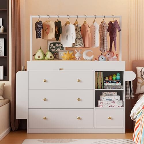CASANOOKK Modern Changing Table Dresser,Baby Dressing Table with 4 Drawers and Storage Shelves,Multi-Functional Baby Changing Table with Drying Rack for Nursery, White 8