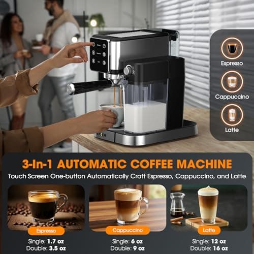 TENKER Espresso Machine, 20 Bar Cappuccino Machine with Automatic Milk Frother, 3-in-1 Coffee Machine, 1350W Dual Boiler Latte Maker, Touchscreen Espresso Coffee Maker, Stainless Steel 4