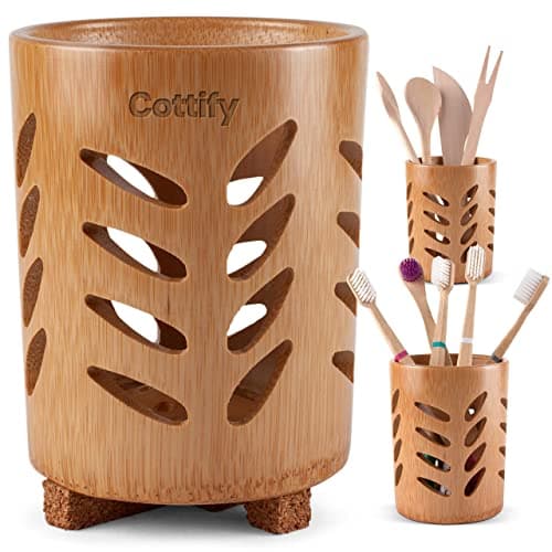 Cottify Eco-Friendly Bamboo Toothbrush Holder with Drainage – Quick Drying Single-Piece Design – Toothbrush Holders for Bathrooms – Wooden Toothbrush Holder Naturally Resilient in Humid Conditions