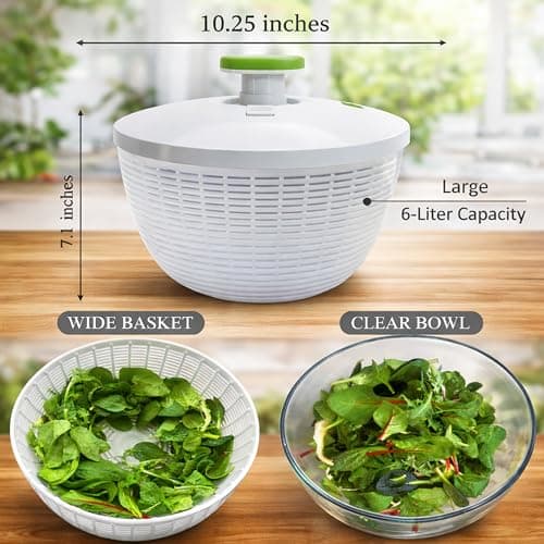 Brieftons 6.2-Quart Large Salad Spinner: Vegetable Washer Dryer Drainer Strainer with Bowl & Colander, Easy One-Handed Pump, Compact Storage, for Washing, Cleaning & Drying Greens, Vegetables, Fruits 6