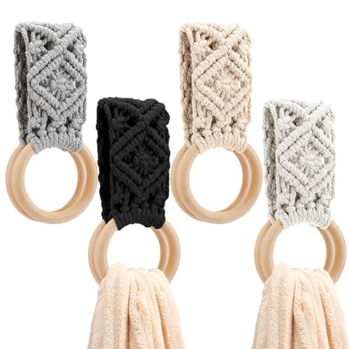Tioncy 4 Pcs Kitchen Dish Towel Holder Mother's Day Gifts Boho Handmade Crochet Hanging Towels Loop Ring Knit Towel Hanger for Cabinet House Oven Stove Door, 4 Colors(Gray)