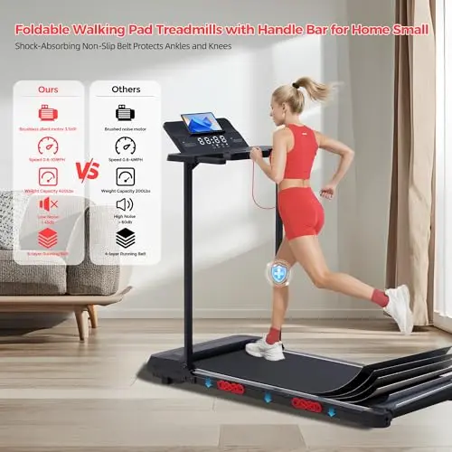 Electric Walking Pad with Handle Bar, 0.6-10MPH Portable Walkingp Pads Treadmills with Handles for Home Apartment Small, 3.5HP Foldable Folding Compact Treadmill for Small Spaces, LED Display, 400LBS 5