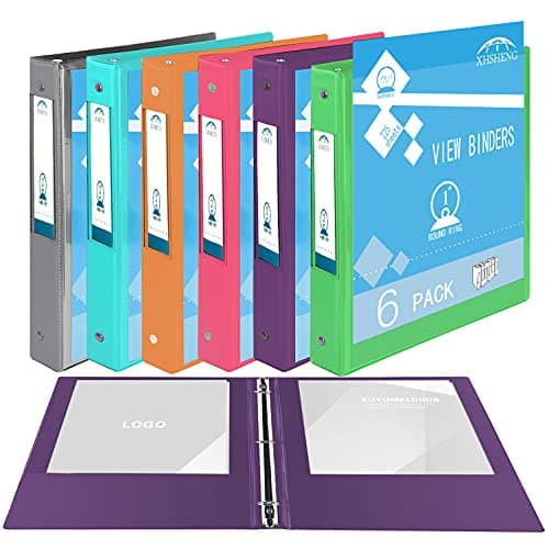 3 Ring Binders,1” Round Ring, Holds 8.5 * 11inch Papers, with 2 Pockets,6 Colors Binder Assorted Pack 8