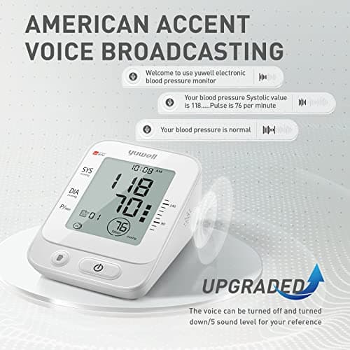 yuwell Blood Pressure Monitor, Large Upper Arm Blood Pressure Cuff, Digital Blood Pressure Machine for Home Use, Large Display, Stores 99 Readings, Voice Broadcasting with Power Adapter and Batteries 5