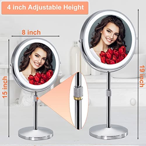 AIKELIN 8" Makeup Mirror with Lights,10X Magnifying Vanity Mirror with 3 Color LED Lights,4000mAH Adjustable Height Tabletop Cosmetic Mirror with Rechargeable Double Sided Lighted Mirror,Chrome 3