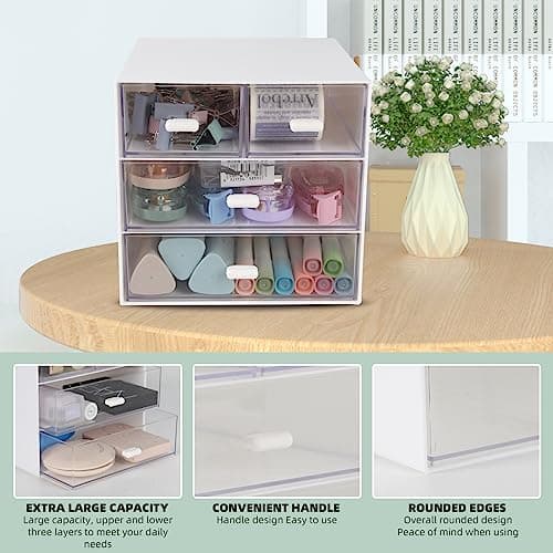 Yunqing Desk Organizer with 4 Clear Drawers - Plastic Desk Organizers and Accessories, Stackable Drawer Organizer Makeup Organizer, Multifunctional Office Organization for Pencils, Paperclips, Tape 6