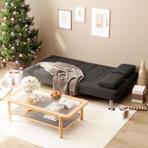 Shahoo Modern Linen Upholstered Convertible Folding Futon Sofa Bed with Removable Armrests, Metal Legs, 2 Cup Holders for Living Room, Black 6