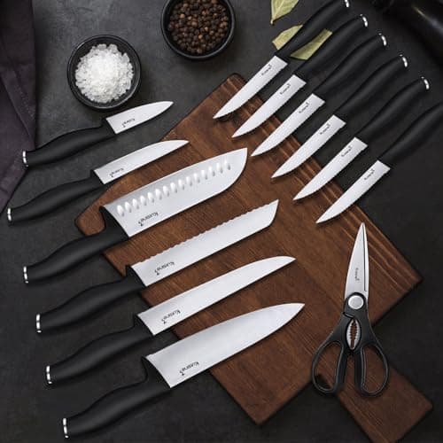 Kuisine Kitchen Knife Set,High Carbon Stainless Steel Ultra Sharp Blade Ergonomic Handle,Knife Set with Block Built-in Sharpener(15PCS,Black) 6