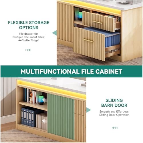 YITAHOME L Shaped Standing Desk with Power Outlets & LED Lights, 63" Electric Standing Desk Adjustable Height Sit Stand Corner Standing Desks with Drawers & Sliding Door, High-Gloss White+Natural Oak 9