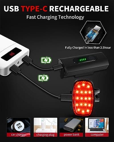 DARKBEAM Bike Headlight Rechargeable USB-C, Bicycle Lights 4000LM Ultra Bright, Mountain Bike Light Set for Night Riding, 6+5 Mode Waterproof Front Bike Light & Rear Light for Road, Cycling 5