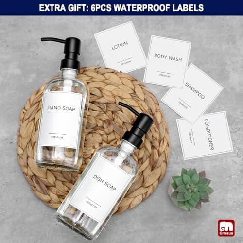 GMISUN Glass Soap Dispenser with Pump, 2 Pack Clear Bathroom Hand Soap Dispenser with Stainless Steel Pump, 17 Fl Oz Refillable Kitchen Hand and Dish Soap Dispensers Set, Modern Liquid Pump Bottles 7