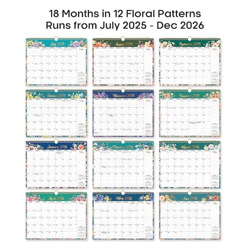 Calendar 2025-2026, Monthly Wall Calendar from July 2025 to December 2026, 11.5" x 14.7", Spiral Binding Hanging Wall Calendar, Perfect for Home or Office, Floral 7