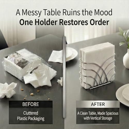 LEVIMETREE Napkin Holder for Table – Silver Iron Upright Napkin Dispenser for Paper Napkins, Napkin Dispenser for Kitchen Dining, Cocktail Picnic Bar Modern Kitchen and Dining Decor, Servilletero 7