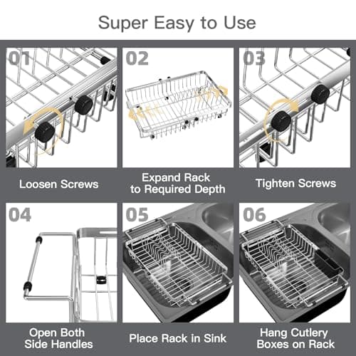 MAJALiS Expandable Stainless Steel Over The Sink Dish Drying Rack for Small Kitchen, Counter Space Saving, Hanging Compact RV Plate Drain Strainer in Silver Wire Metal with Adjustable Utensil Holder 9