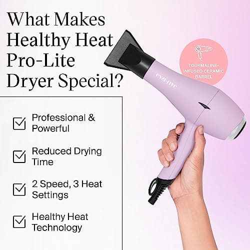 Eva NYC Healthy Heat Pro-Lite Dryer, Styling Hair Dryer, Lightweight Blow Dryer w/Far-Infrared, 2-Speed & 3-Heat Blowdryers for Hair, Hair Dryer with Diffuser & Concentrator, Lavender 6