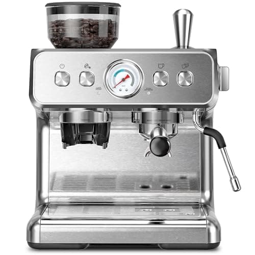 Kismile Espresso Coffee Machine with Grinder, 20 Bar Automatic Espresso Machine with Milk Frother Steam Wand, Removable Water Tank for Latte & Cappuccino(Silver)