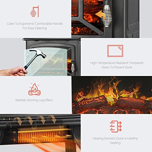 Della 17 Inch 1400W Compact Freestanding Portable Electric Fireplace Stove Heater with Realistic 3D Flame Effect, Infrared Quartz Indoor Heat, Faux Logs - Black 6