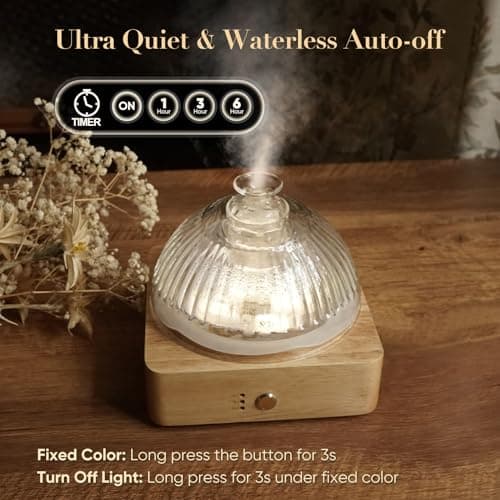 Glass Dome Essential Oil Diffuser with Glass Reservoir & Wood Base-No Plastic, 200ml Ultrasonic Diffuser for Aromatherapy with Timer 7 Color Light Auto-Off for Home Office Yoga Pilates 5