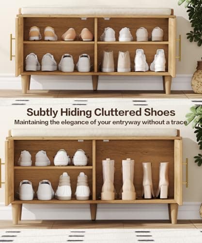 Akxomel Rattan Shoe Storage Bench with Cushion, 2-Tier Entryway Bench with Adjustable Shelves and 2 Doors, 15" D x 39.4" W x 20" H, Solid Wood Legs, for Hallway, Living Room, Bedroom, Natural Oak 6