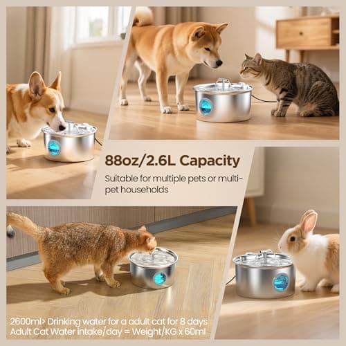 Cat Water Fountain Stainless Steel: 2.6L Cat Fountain for Drinking - Pet Water Fountain for Cats Indoor - Automatic Pet Water Dispenser Bowl - Best Auto Feeding Supplies Gift for Small Dog Large Kitty 5