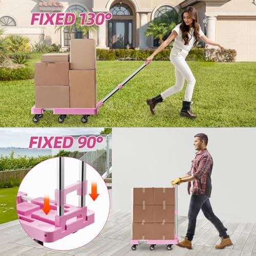 Folding Hand Truck, Foldable Cart for 500 lbs Heavy Luggage, Hand Truck Dolly, 6-Wheel Foldable Dolly with 2 Ropes, Ideal for Home, Office, and Travel Moving (Pink) 7