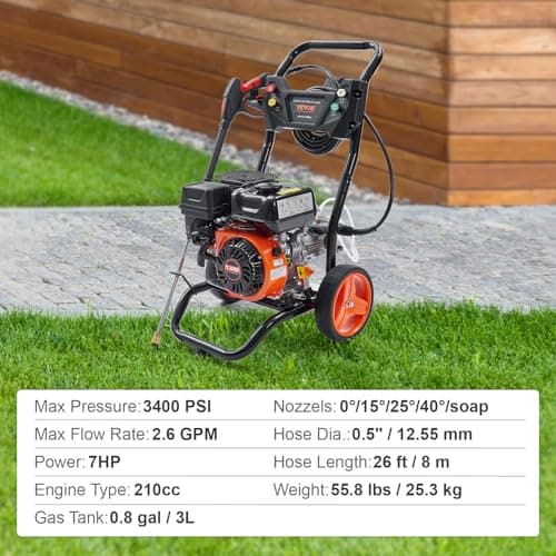 VEVOR Gas Powered Pressure Washer 3400 PSI 2.6 GPM, with Spray Gun and Extension Wand, 5 Quick Connect Nozzles, Copper Pump 7