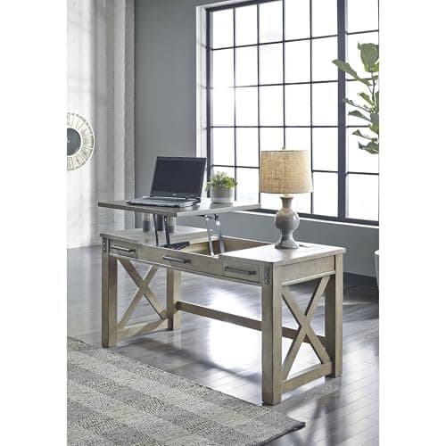 Signature Design by Ashley Aldwin Rustic Farmhouse 60" Home Office Lift Top Desk with Charging Ports, Distressed Gray 6