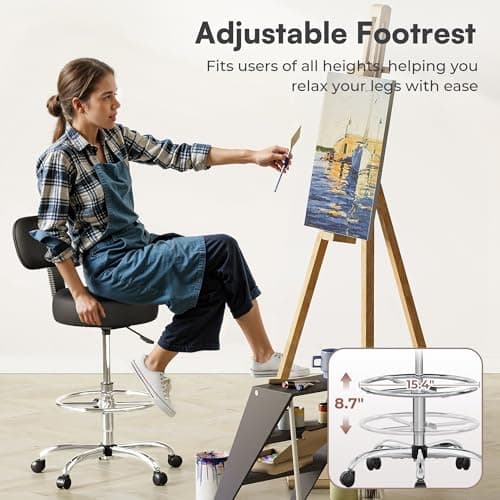 SUPERJARE Drafting Chair with Back, Adjustable Foot Rest Rolling Stool, Multi-Purpose Office Desk Chair, Thick Seat Cushion for Home Bar Kitchen Shop - Black 7