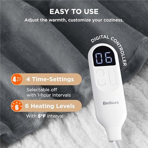 Bedsure Heated Blanket Throw Blanket - Fast Heating Electric Blanket, Soft Flannel Heated Throw with 4 Time Settings, 6 Heating Settings, Warm Gifts for Grandma & Grandpa & Seniors (50"x60", Grey) 5