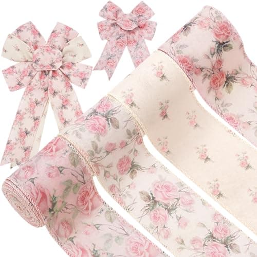 Generic 4 Rolls Pink Floral Wired Ribbon 2.5 Inch Vintage Rose Flower Ribbon for Bow Wreath Craft Gift Wrap Spring Summer Holiday Wedding Birthday Baby Shower Party Home Decor