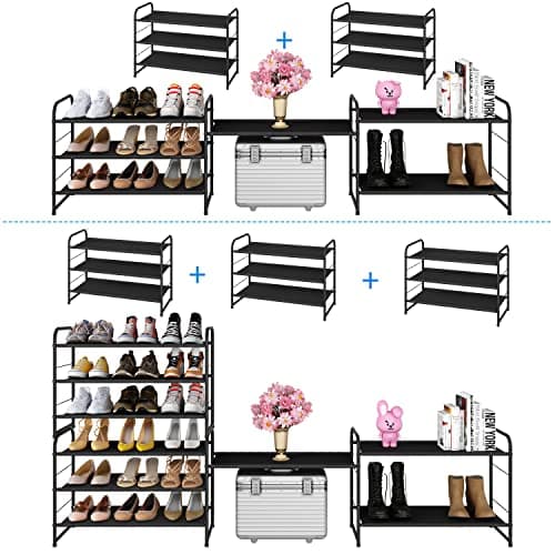 Simple Trending 3 Tier Stackable Shoe Rack, Expandable Adjustable Fabric Shoe Shelf Storage Organizer, Black 6