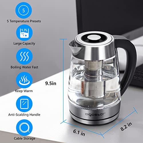 Aigostar Electric Kettle, Tea Kettle with Temperature Control and Tea Infuser, 1500W Hot Water Kettle with Variable Temperature, Keep Warm Function, LED Indicator Light Change, Auto Shut-Off, 1.7L 7
