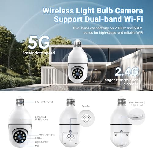 WESECUU Light Bulb Security Camera 5G WiFi Light Socket Security Cameras Wireless Outdoor 2K Light Bulb Camera AI Motion Detection Bulb Camera,Two-Way Audio Cameras for Home Security Outside 7