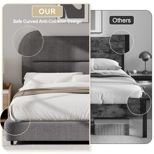 HOMBCK Queen Bed Frame with Headboard, Boucle Upholstered Soft Platform Bed Frame Queen Size with Thickened Footboard, Rounded Corners Design, No Box Spring Required, Easy Assembly, Grey 5