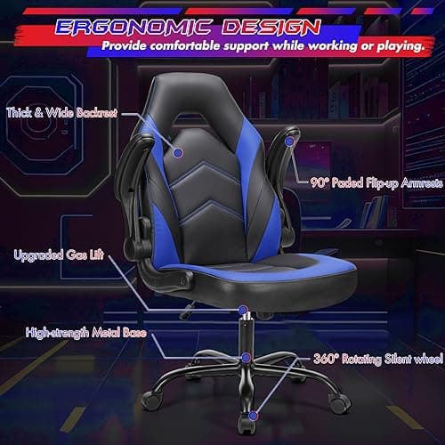 Sweetcrispy Computer Video Game Chair - Ergonomic Home Office with Comfy Lumbar Support, PU Leather Height Adjustable with Flip-up Armrest and 360° Swivel Wheels, Blue, for Adults, Teens 7
