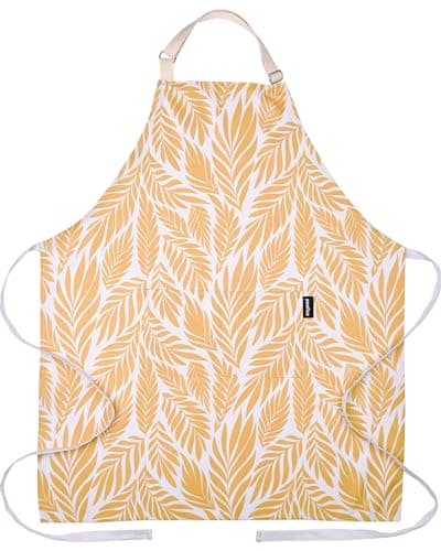 poofico Premium Adjustable Cooking Colored Aprons for Women with Pockets| Waterproof Kitchen Fall Apron| Cute Yellow Floral Design, Long Ties