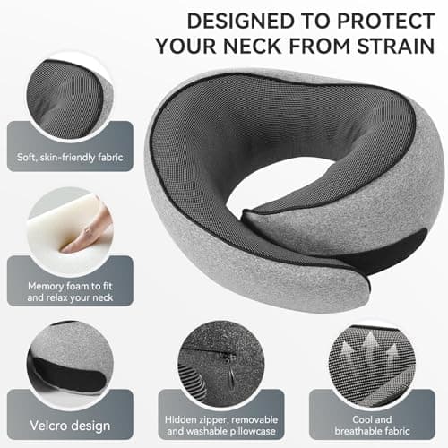SZXYX Travel Pillows - 100% Pure Memory Foam Neck Pillow for Airplanes, Comfortable Breathable Cover, 360° Support Stowable Pillows for Sleeping, Car, Airport Travel Essentials Dark Grey 7
