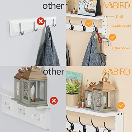 AMBIRD Coat Rack Wall Mount with Shelf, 28.9 Inches Coat Hooks Wall Mounted with 5 Hooks, Hat Wall Hooks for Hanging in Entryway, Living Room, Bathroom, Bedroom (White, 28.9 * 4.5 inches) 5