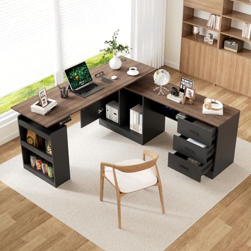 AGOTENI 63" W L-Shape Electric Standing Desk with Storage, Height Adjustable Corner Computer Desk with Drawers & Storage Shelves for Home Office, Black & Dark Brown