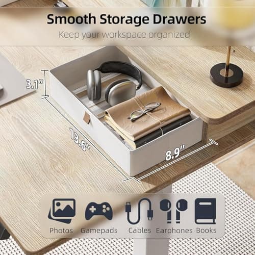 TIQLAB Standing Desk with Two Drawers, Stand Up Standing Desk Adjustable Height, Electric Sit Stand Table with Storage Shelf and Splice Board, 48 * 24 inch, Maple 5