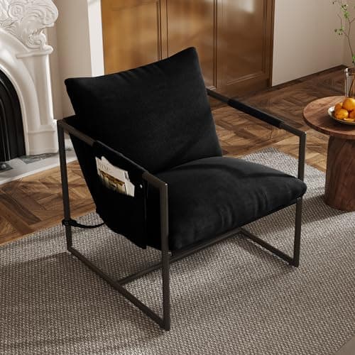 Fahomiss Wide Accent Chair for Living Room, Mid Century Modern Metal Frame Armchair for Reading Room, Bedroom Chair with Removable Storage Bag, Soft Memory Foam Cushion, Black